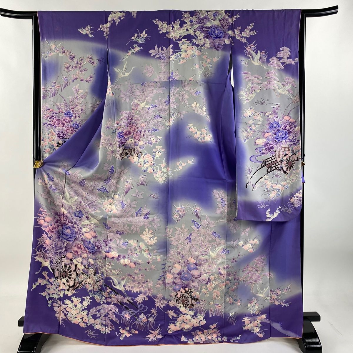 振袖 身丈171cm 裄丈63.5cm S 袷 花車 鶴 銀彩 染め分け 紫 正絹