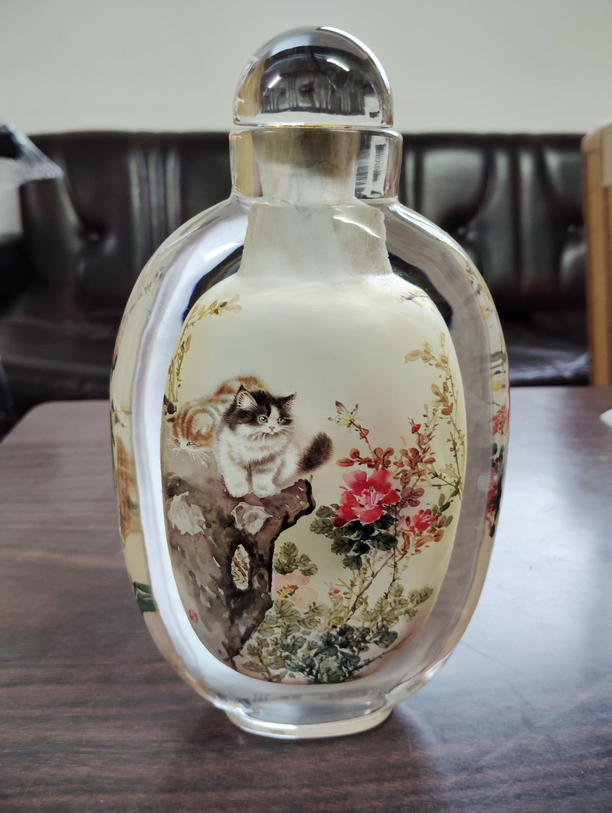 中国美術 工芸品 内画鼻煙壺(スニッフボトル） ガラスボトル 猫
