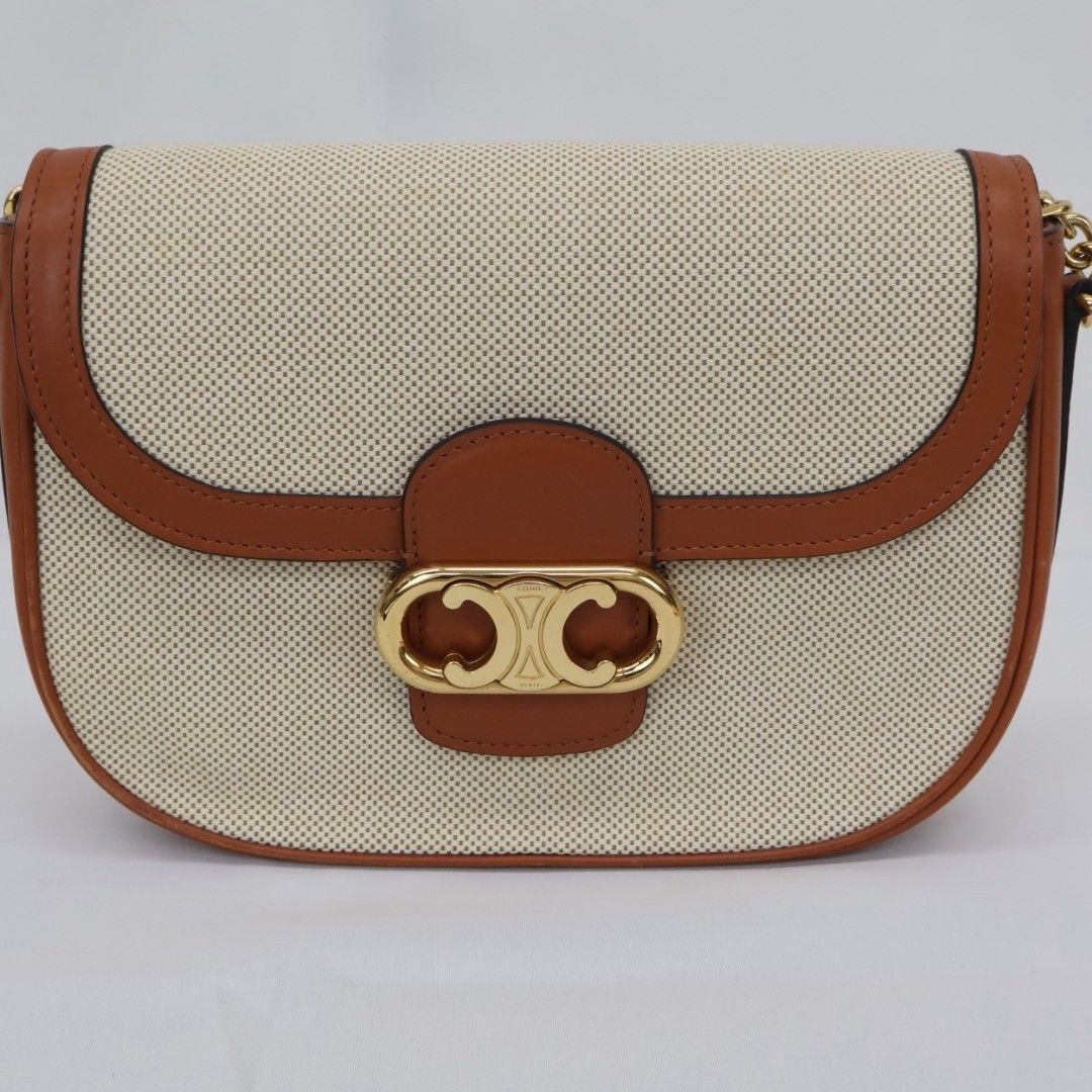 CELINE マイヨン トリオンフ チェーンショルダーバッグ ベージュ ブラウン ゴールド金具 キャンバス カーフスキン S-MP-4029