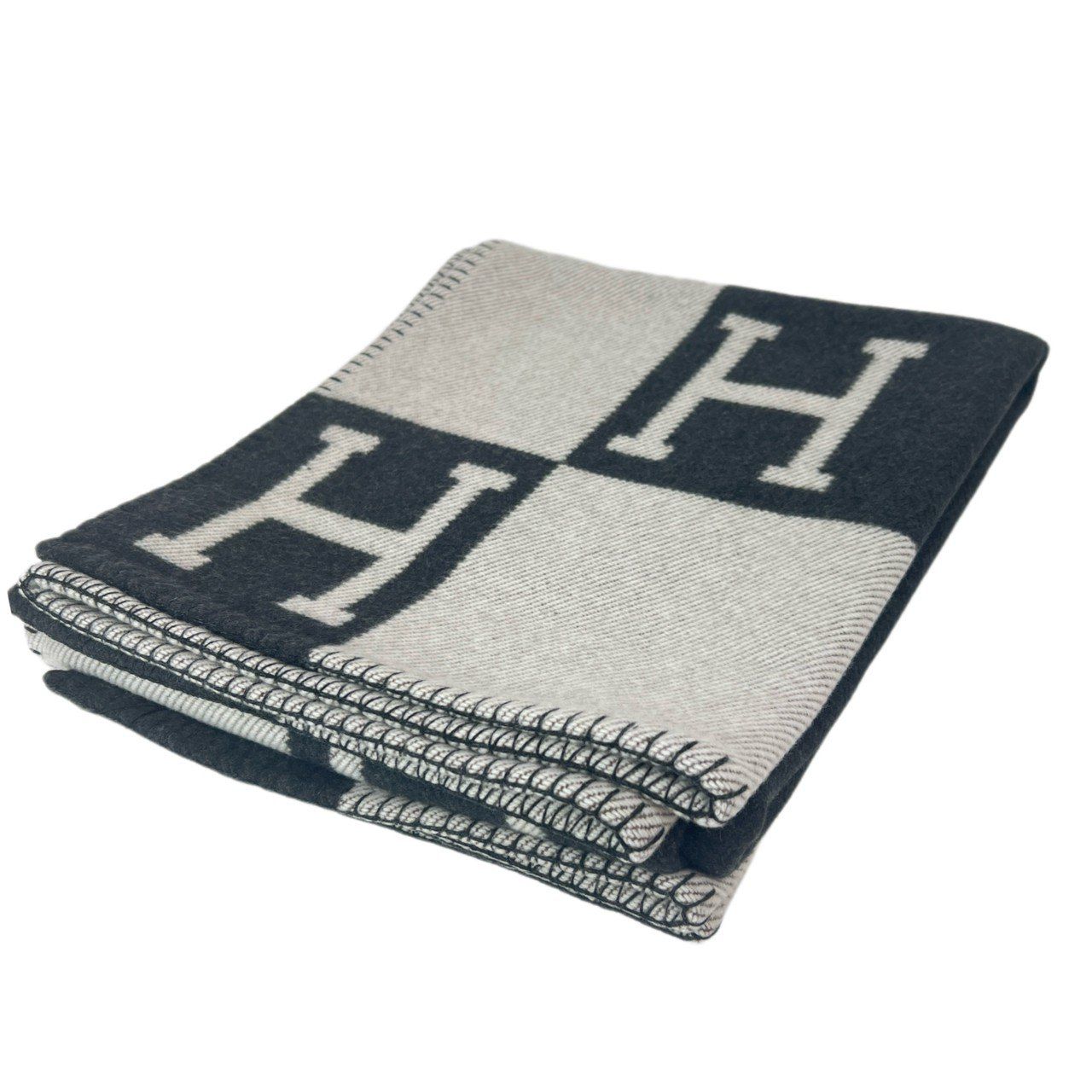 ♥ Hermès エルメス Jeté de canapé Avalon プレード アヴァロン メリノウール 90% カシミヤ 10% Ecru|gris fonce エクリュ|グリフォンセ