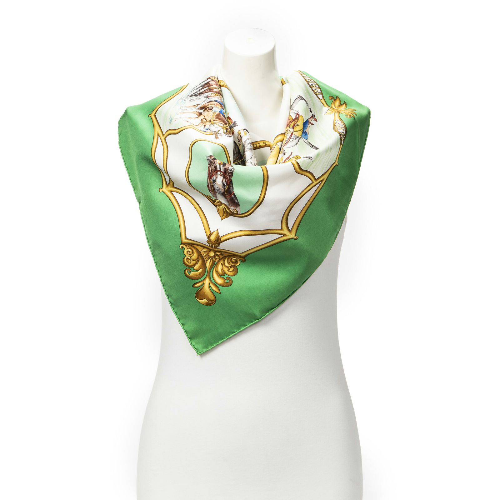 HERMES エルメススカーフ緑 白 金 ツイルシルクA