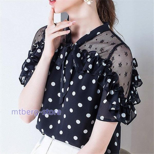 ブラウス レディース シフォンシャツ 半袖 体型カバー 夏 ドット フリル リボン 10代 20代 30代 条件付きliu02
