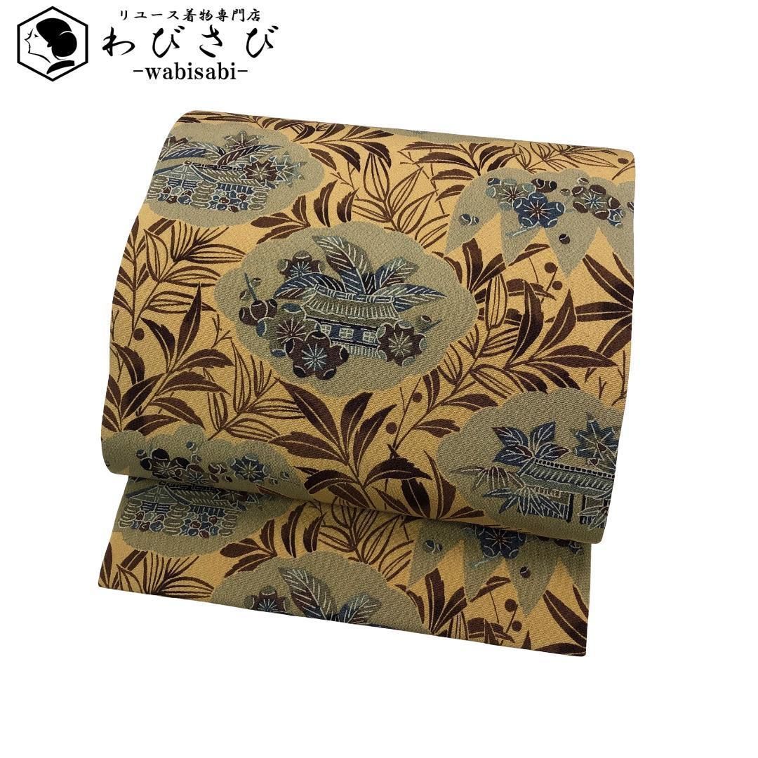 ☆ 名古屋帯 型染 菊 梅 竹 花模様 縮緬 乳白色 O-5356 名古屋帯 型染 菊 梅 竹 花模様 縮緬 乳白色 O-5356