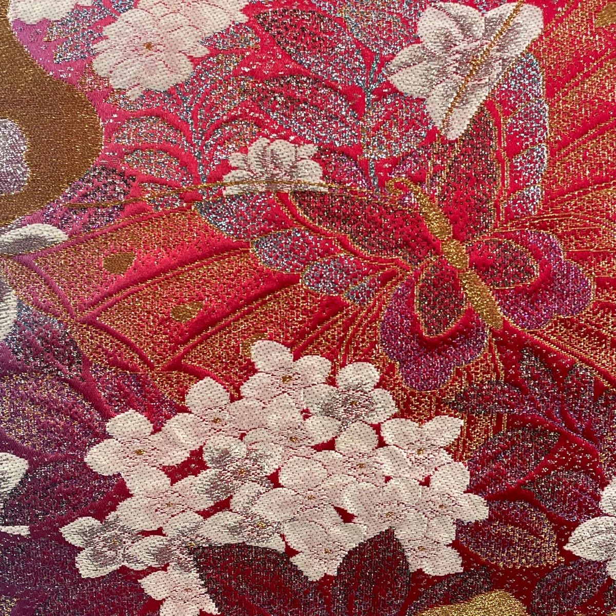袋帯 秀品 関西仕立て 蝶 草花 金銀糸 箔 赤 六通 正絹 【中古