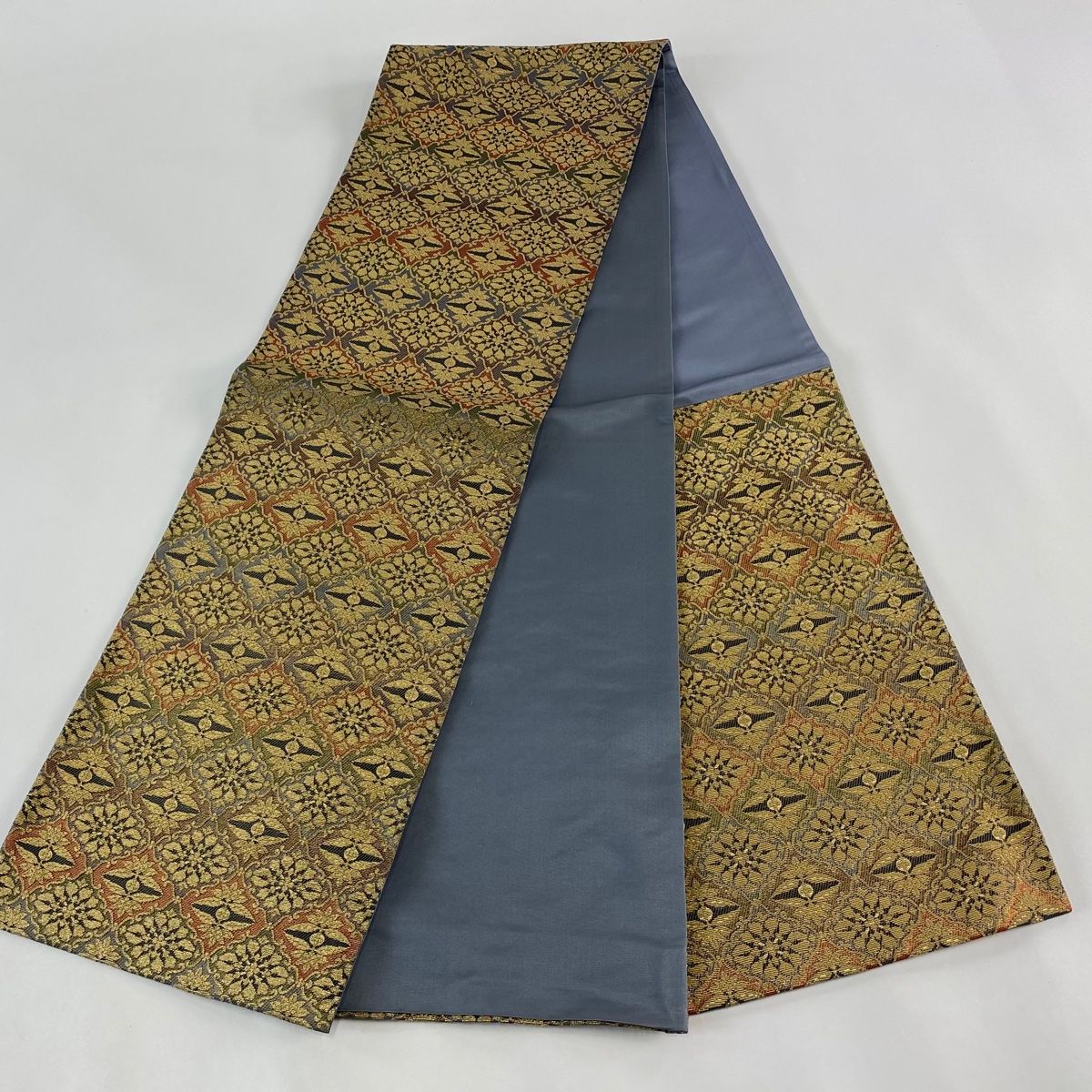輪奈織 金華山 袋帯 金糸 銀糸 正絹 Q672 袋帯 美品 名品 花 幾何学模様 輪奈織 金糸 灰色 六通 正絹
