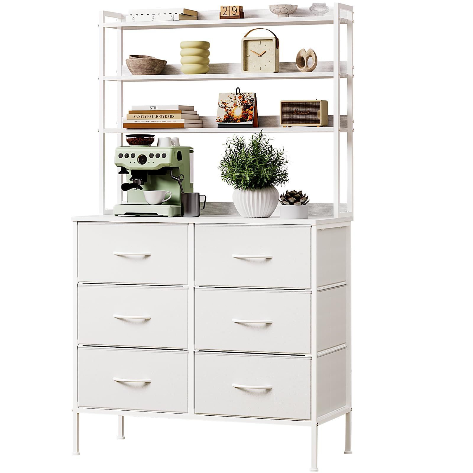 3段木製ディスプレイラック付き タンス ハイチェスト 布製引き出し6杯 ロボット掃除機OK 衣類収納 オープンシェルフ収納棚 本棚 SINNONAKA 整理棚 シンプル 幅80cm 高防水性皮革 ホワイト