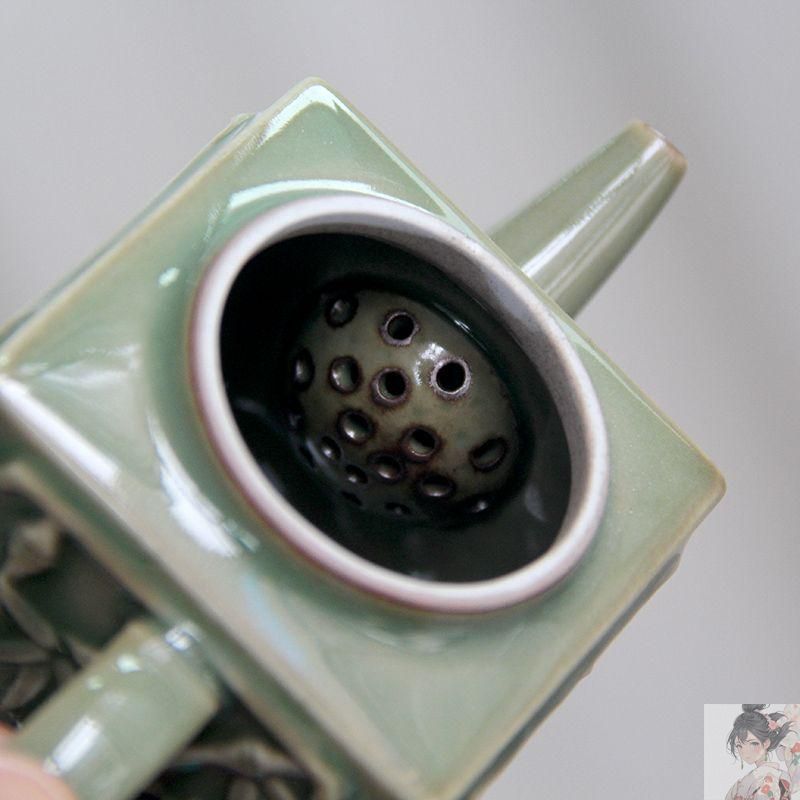 青磁茶壺 四方壺 浮彫 梅蘭竹菊陶磁功夫茶器 単壺 煎茶道具 中国