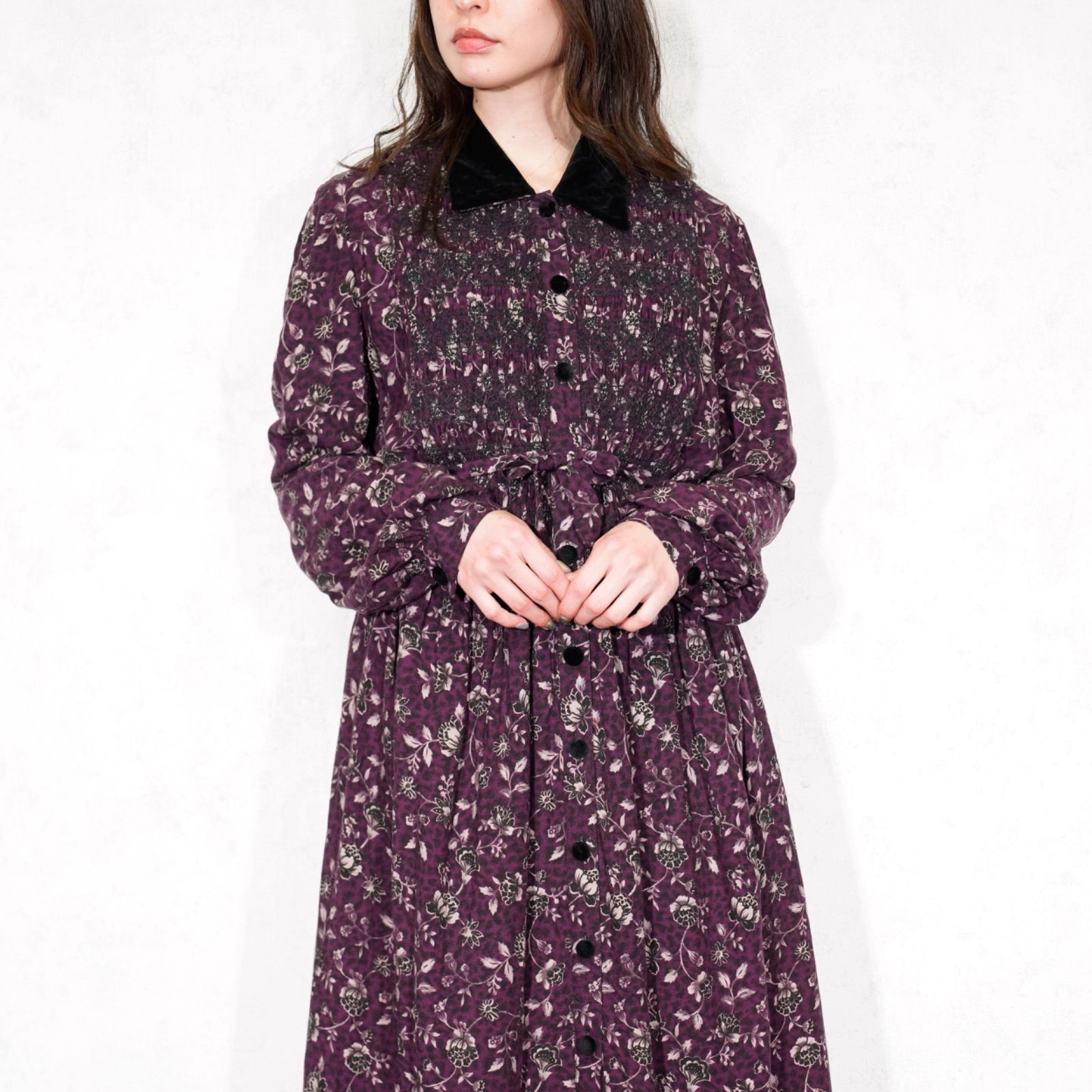 SPECIAL ITEM USA VINTAGE karin stevens FLOWER PATTERNED EMBROIDRY SMOCKING DESIGN ONE PIECE アメリカ古着花柄スモッキング刺繍デザインワンピース