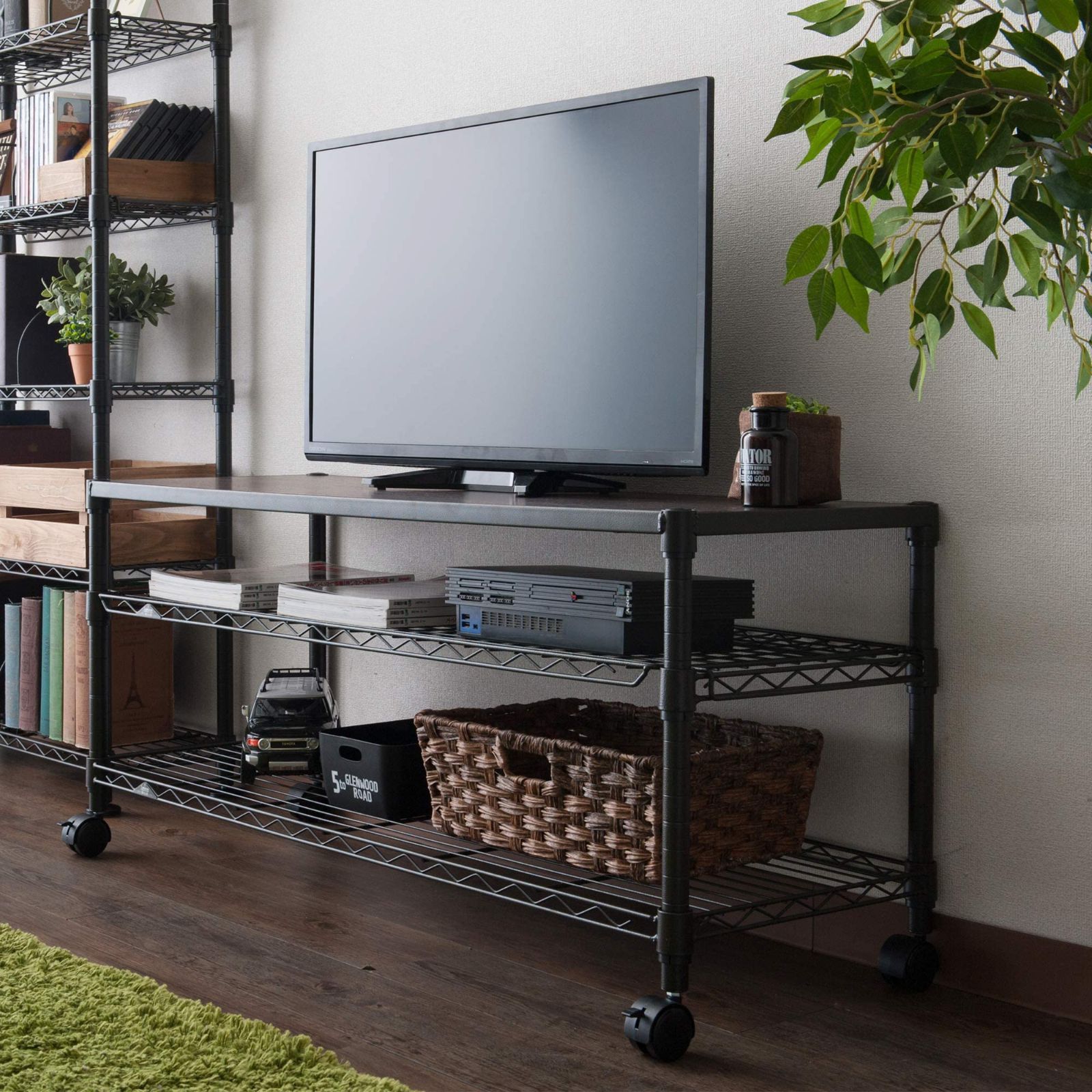 テレビ台　テレビラック　テレビ下収納　収納棚　可動棚　棚　ブラック　黒 Amazon｜テレビ台 3段 幅110 奥行40 キャスター付き ウッド