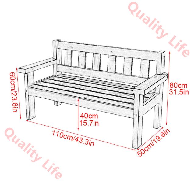 背もたれと肘掛け付き屋外ベンチ