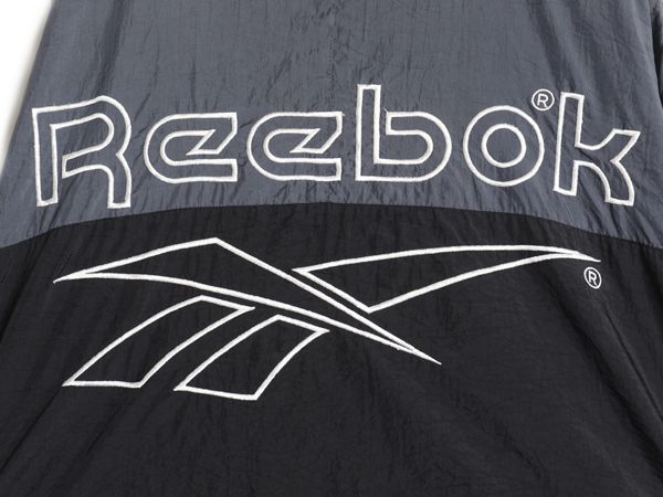 なクーポン配布中! 90s リーボック フルジップ ナイロン トラック ジャケット メンズ L 古着 ウインドブレーカー ジャンパー ビッグ ロゴ刺繍 黒 灰