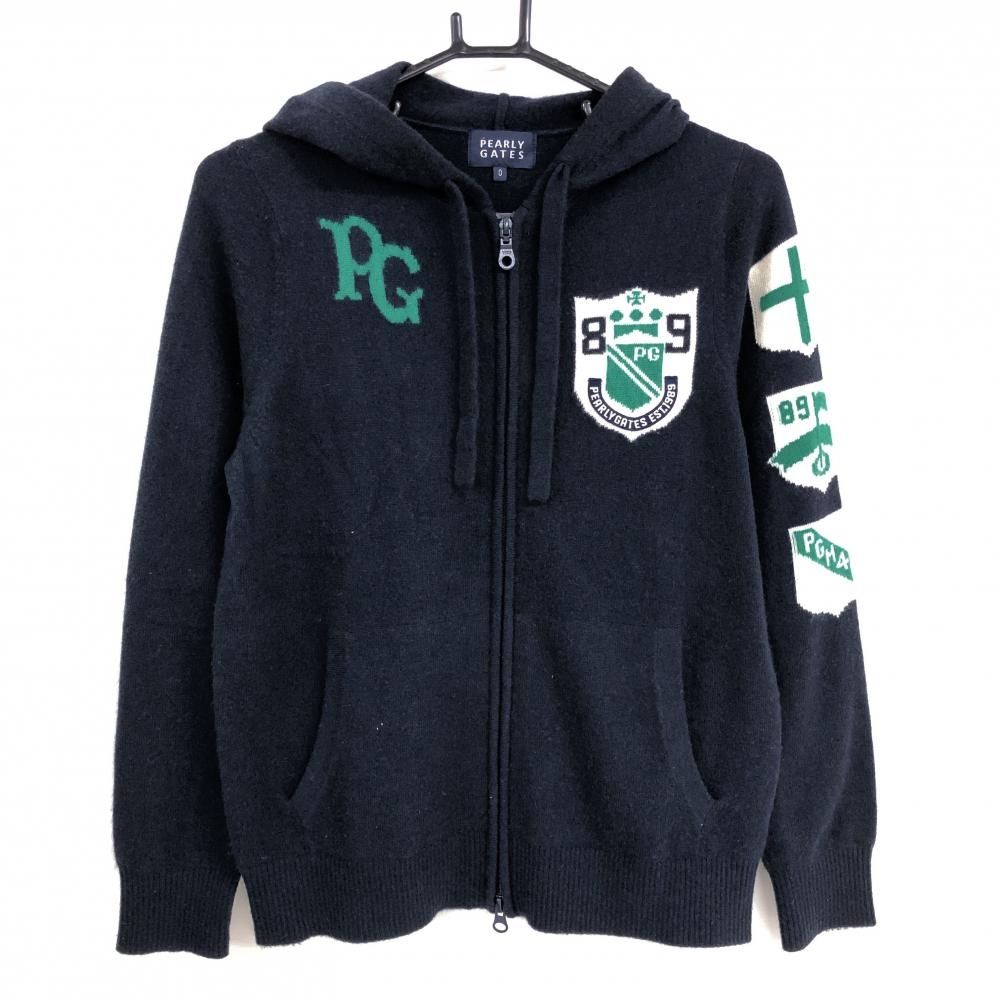 美品】パーリーゲイツ ニットパーカー ネイビー×白 カシミヤ100  