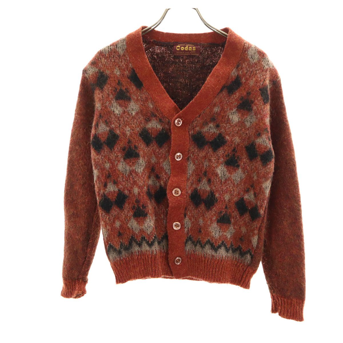 Codas 60s 70s ヴィンテージ アーガイル柄 長袖 モヘア カーディガン オレンジ メンズ Codas 60s 70s ヴィンテージ アーガイル柄 長袖 モヘア カーディガン