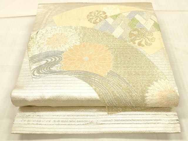 平和屋着物＊夏物 アンティーク 大正ロマン 丸帯 地紙流水花文 金銀糸 正絹 DAAW4511cm