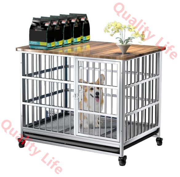 ペットケージ 木製 犬小屋 ステンレス鋼 犬用ケージ 屋根付き 小型犬 中型犬 大型 キャスター付き トレー付き ペットサークル ウッディサークル 頑丈 角パイプ 錆防止 組み立て 室内 おしゃれ ドッグケージ お手入れ簡単 Sサイズ