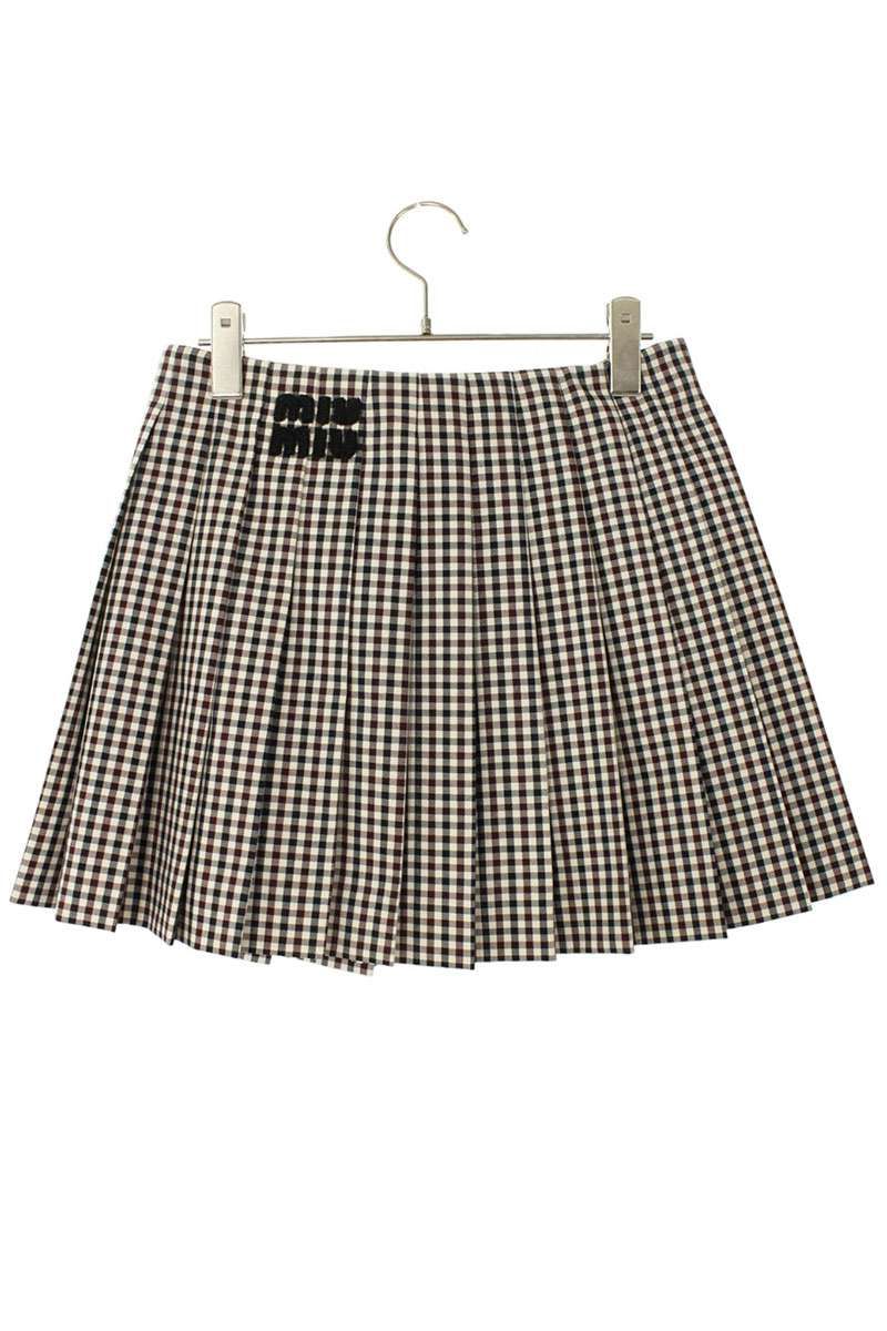 ミュウミュウ MG2062 ベルト付きロゴパッチチェック柄プリーツスカート レディース 36 GULLKHAN_COM