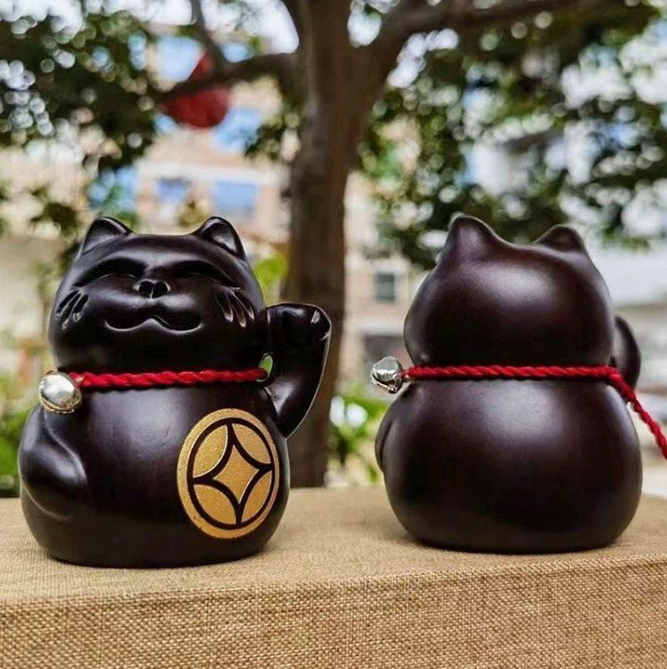 金運 招福 ペア招き猫 縁起物 幸運 繁盛 開店祝い 贈り物 開運 商売繁盛 アイテム 風水 グッズ 招財 木彫り 置物 高さ8cm NEXPOTALLINN_EU
