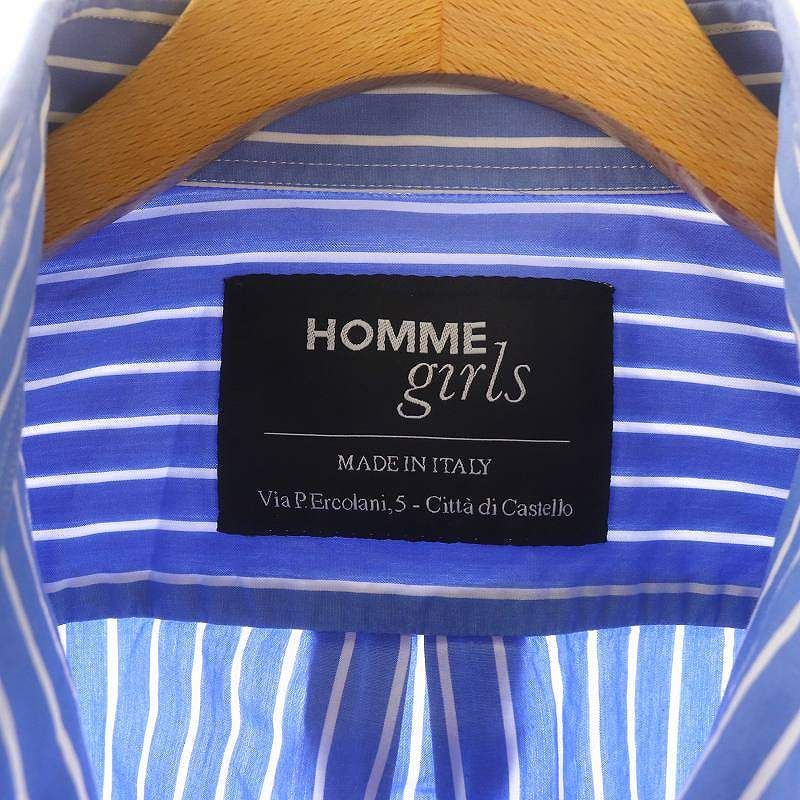 オムガールズ HommeGirls ストライプ クロップドシャツ 長袖 M 青
