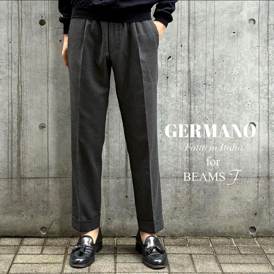 GERMANO | BEAMS F別注 ウールストレッチ サキソニー ワンプリーツ スラックス
