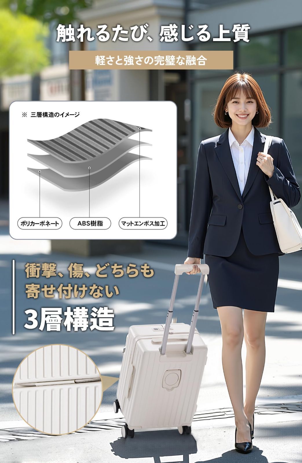 ビジネス 旅行 軽量 出張 ダブルキャスター 360度回転 USBポート付き キャリーバッグ 前開き 耐衝撃 超軽量 ホワイト 多機能キャリーケース 機内持ち込み スーツケース スーツケース フロントオープン Mularda