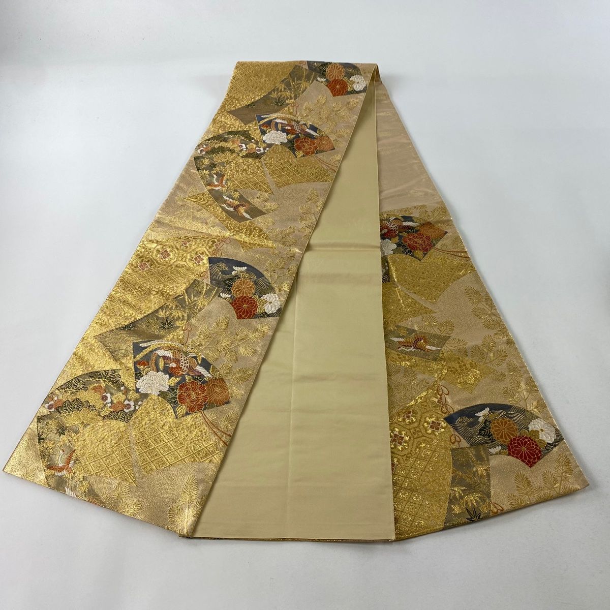 袋帯 秀品 扇面 花鳥 刺繍 箔 金色 六通 正絹 【中古】 - メルカリ