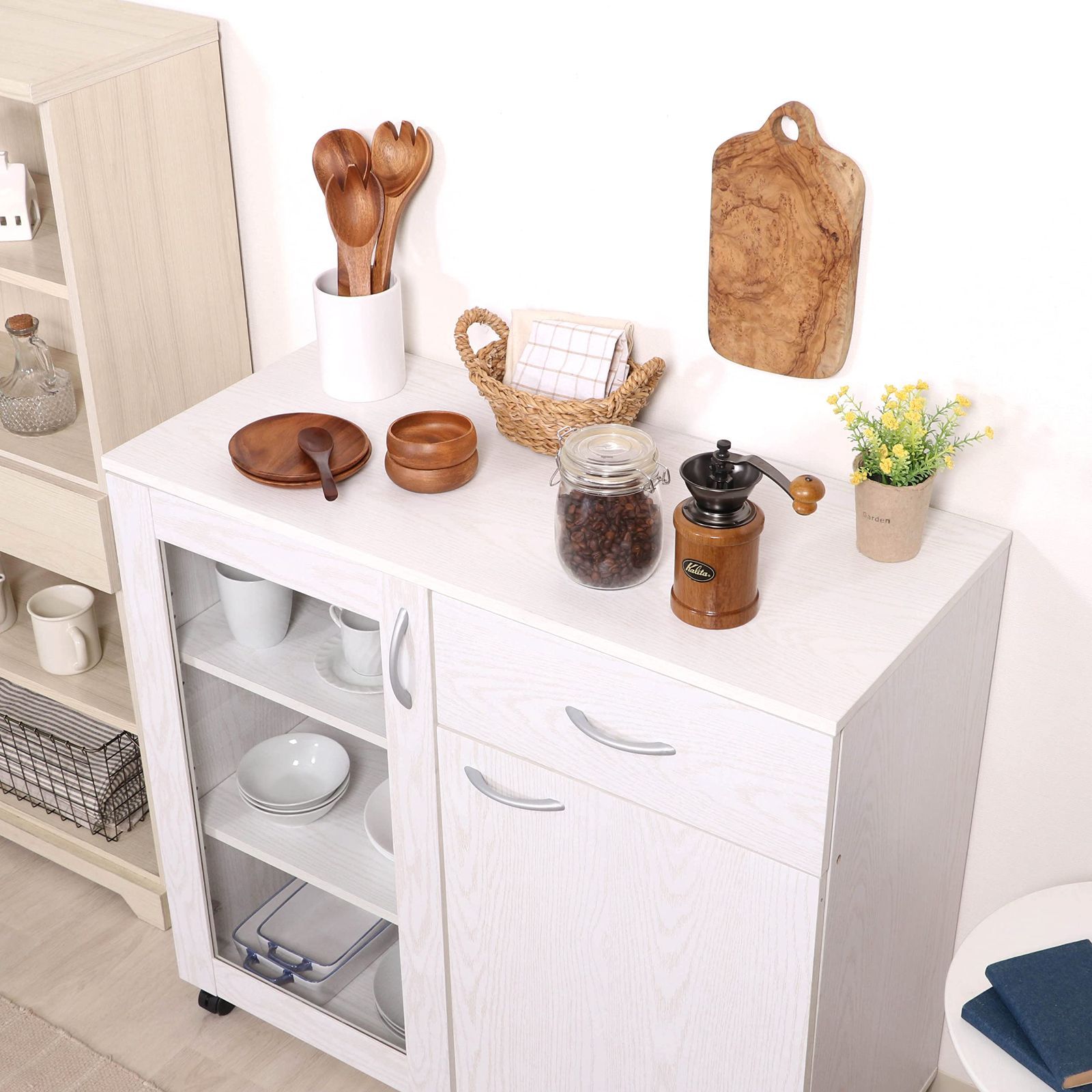 大人気』86962 キャスター付き 木目調 ホワイト オーク 幅90×奥行39.8