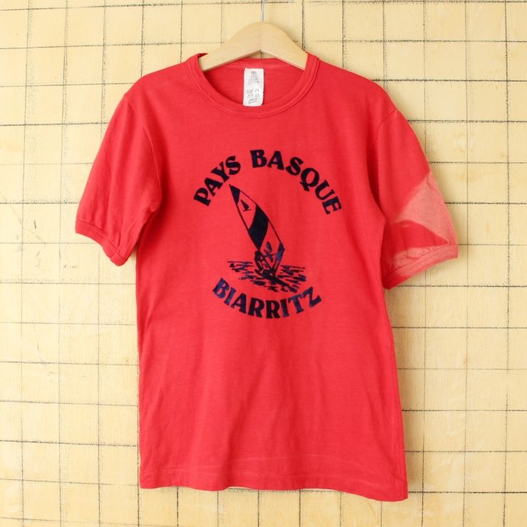 70s 80s ギリシャ製 キッズ Tシャツ フロッキープリント 半袖 レッド 120cm相当 キッズサイズ 子供服 ヨーロッパ古着　060723ss13