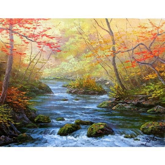 油彩画 洋画 (油絵額縁付きで納品対応可) M15号 「奥入瀬渓流（秋