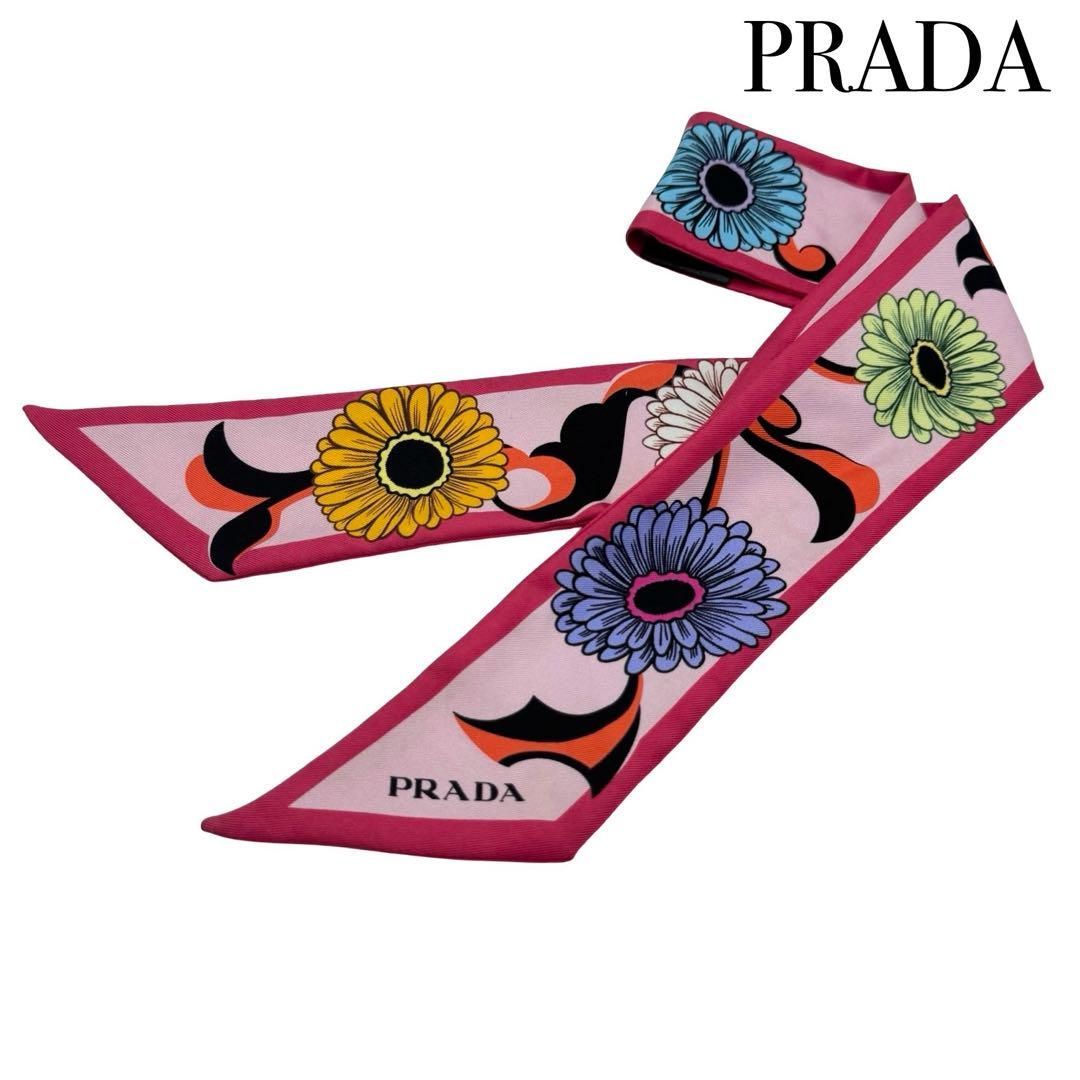 PRADA フラワー柄スカーフ ピンク PRADA プラダ 花柄 フラワー リボンスカーフ シルク100% ピンク