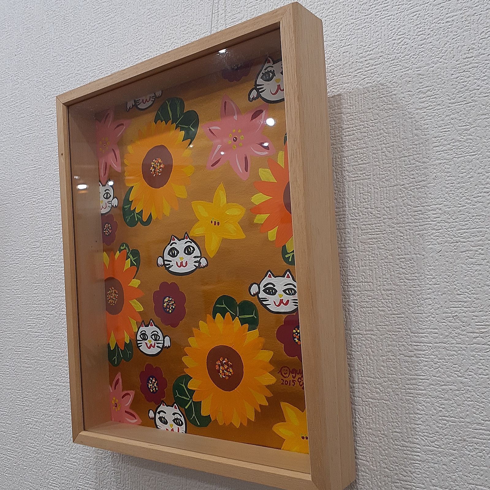 花と招き猫の作品画家小楠アキコサイズ19×24cm額付き 花と招き猫の作品画家小楠アキコサイズ19×24cm額付き