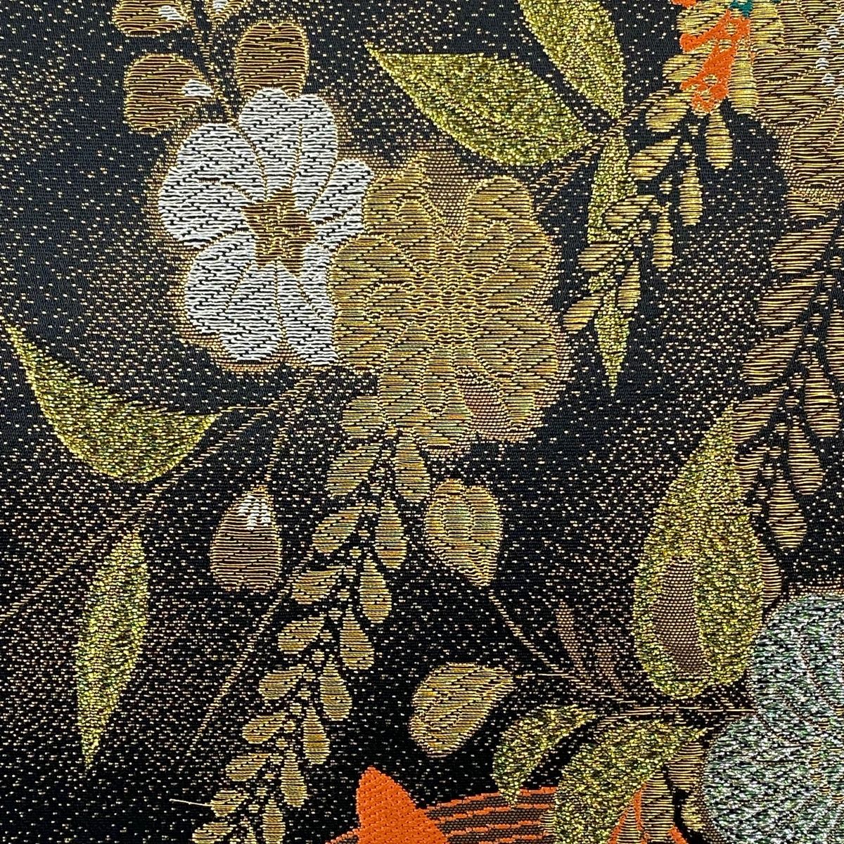 新品?正規品 袋帯 【中古】 正絹 全通 黒 刺繍 金糸 草花 秀品 仕立て