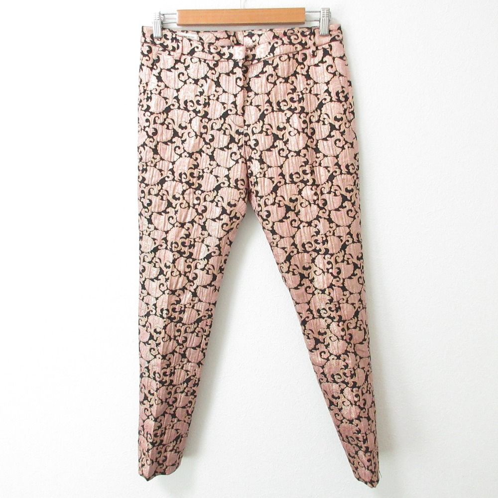 DRIES VAN NOTEN ドリスヴァンノッテン 更紗ジャガード シルクブレンド 裾ジップ テーパードパンツ 38 ブラック×ピンク レディース 古着