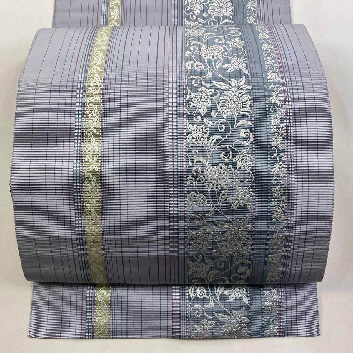 名古屋帯 名品 八寸名古屋帯 松原仕立て 縞 花唐草 薄紫 正絹