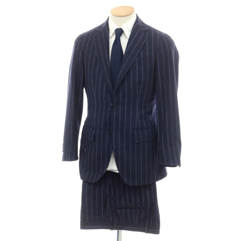 【中古】デペトリロ DE PETRILLO ウール ストライプ 3つボタンスーツ ネイビー【サイズ44】【メンズ】