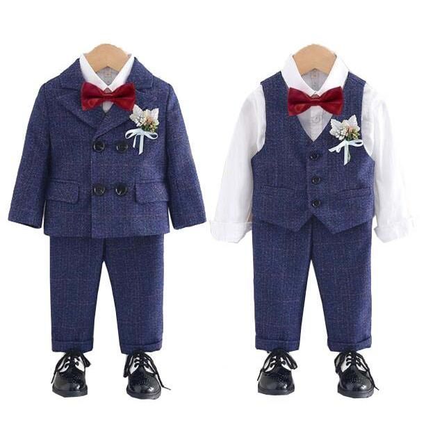 男の子用スーツ キッズ スーツ 結婚式 七五三 上下セット 80-150 男の子スーツ 子供服 韓国風 5点セット ジャケット+パンツ+シャツ/ベスト+蝶結び+