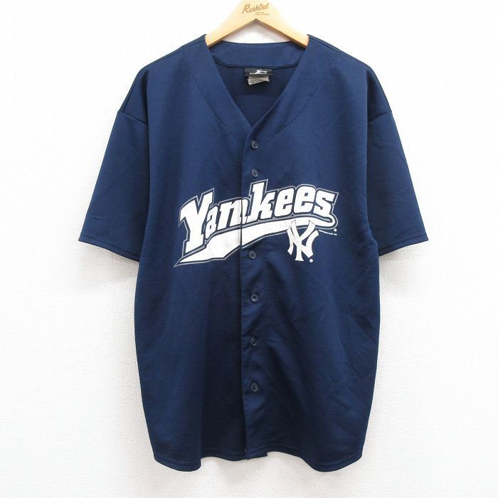 L/古着 半袖 ベースボール シャツ メンズ 90s MLB ニューヨークヤンキース 紺 ネイビー メジャーリーグ 野球 24jul09 中古 トップス