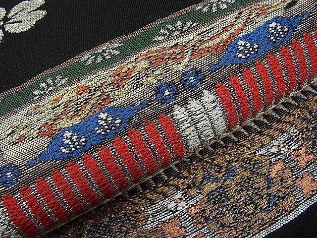 平和屋本店□極上 六通柄 本袋帯 龍村平蔵柄 威毛錦 黒地 金銀糸 逸品  