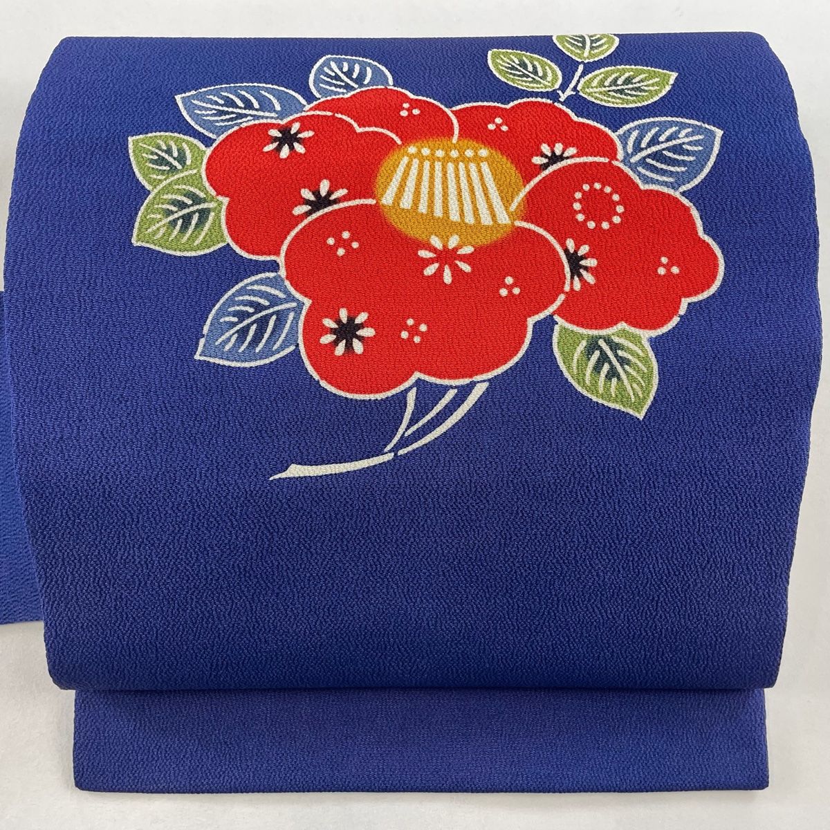 名古屋帯 秀品 落款 椿 縮緬 青 正絹