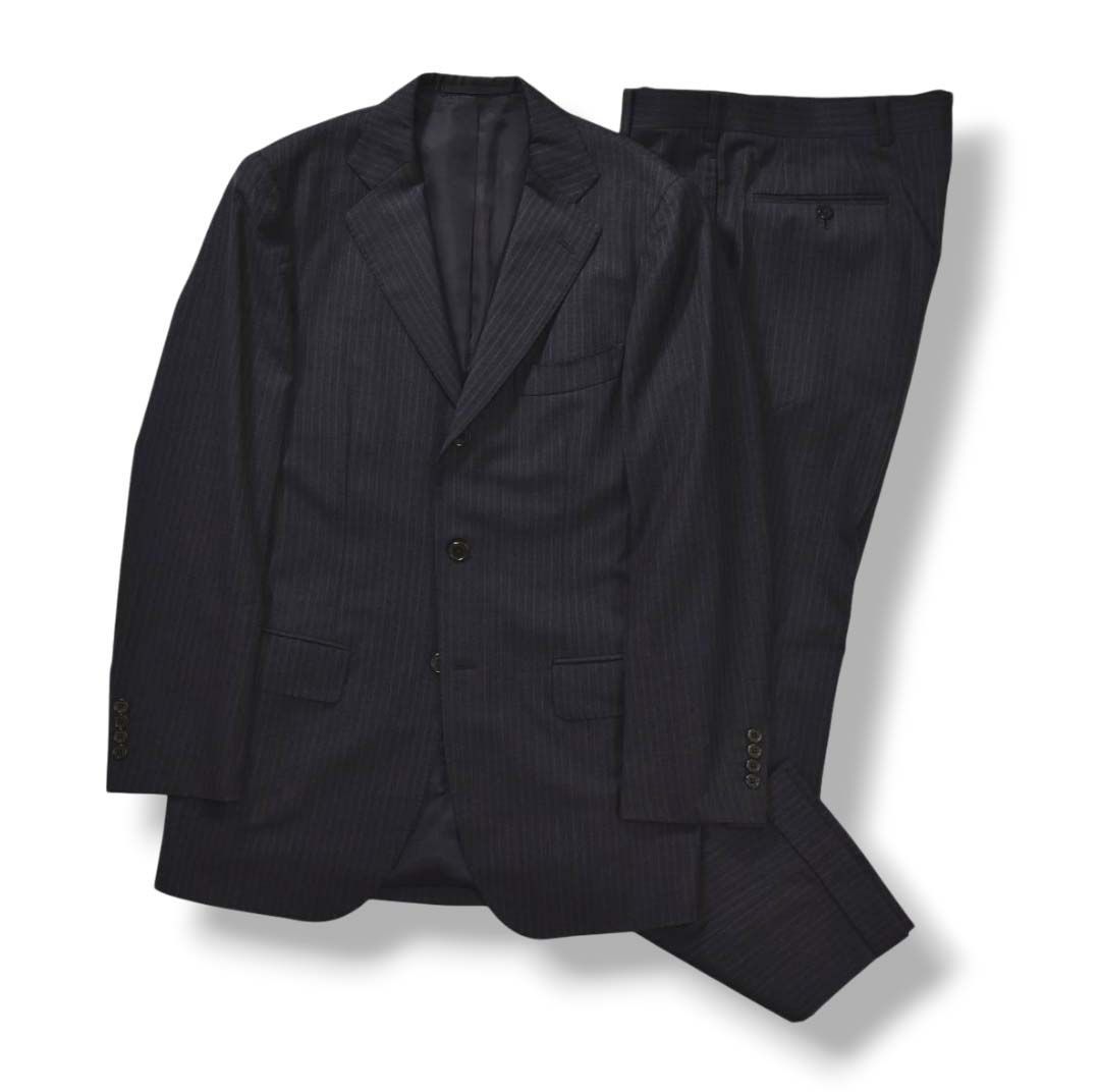 上品 ビームス エフ BEAMS F 3B シングル スーツ セットアップ 上下 テーラード ジャケット スラックス パンツ 93 ピンストライプ ダークグレー ビジネス カジュアル フォーマル メンズ