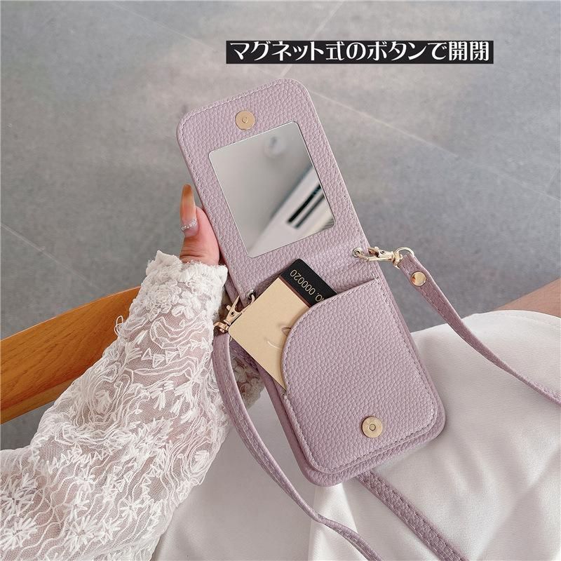 104.ショルダー タイプ スマホケース iphone14  リング付 ミラー付 ミラー/リング/カード入れ/ショルダータイプ スマホケース