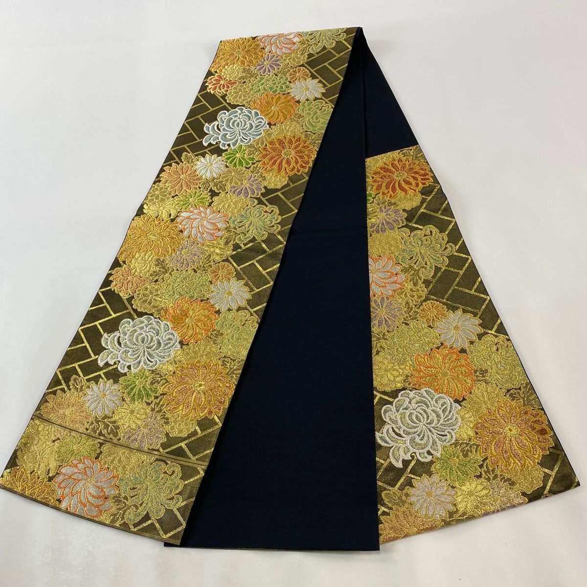 袋帯 　川島織物　古典柄 袋帯 名品 川島織物 落款 菊 檜垣文 金銀糸 箔 黒 六通 正絹