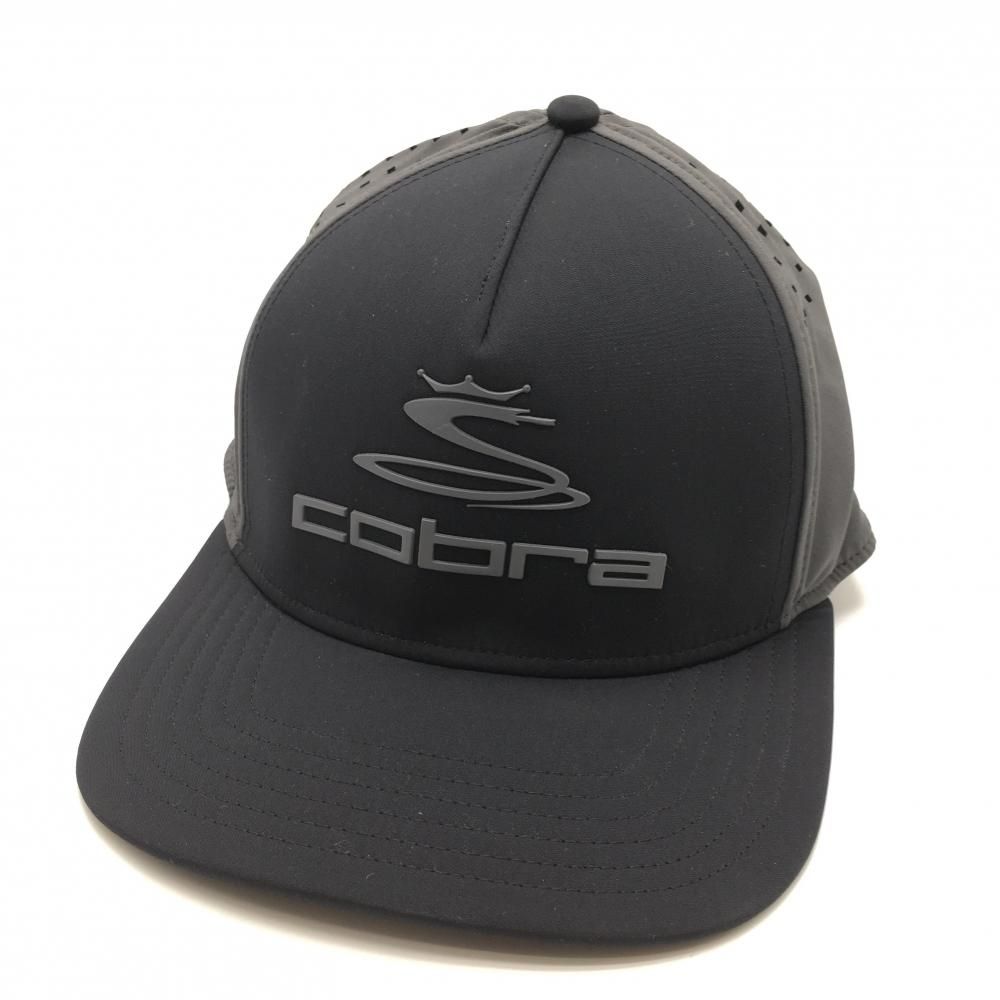 【超美品】コブラ フラットキャップ 黒×グレー ラバーロゴ パンチング ONE SIZE ゴルフウェア cobra