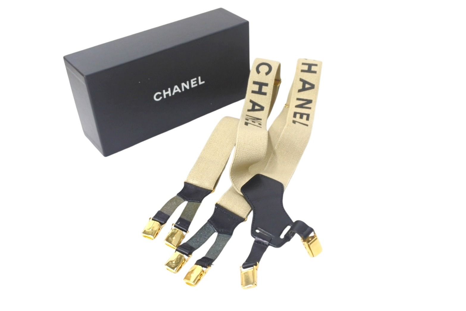 CHANEL シャネル ヴィンテージ サスペンダー ココマーク レザー ゴム ベージュ ブラック ゴールド金具 4c068325