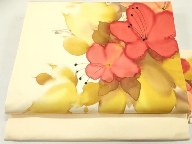 平和屋着物●塩瀬　九寸名古屋帯　手描き　草花文　肌色　正絹　逸品　DAAW6857ob 平和屋着物○塩瀬 九寸名古屋帯 手描き 草花文 肌色 正絹 逸品 DAAW6857ob