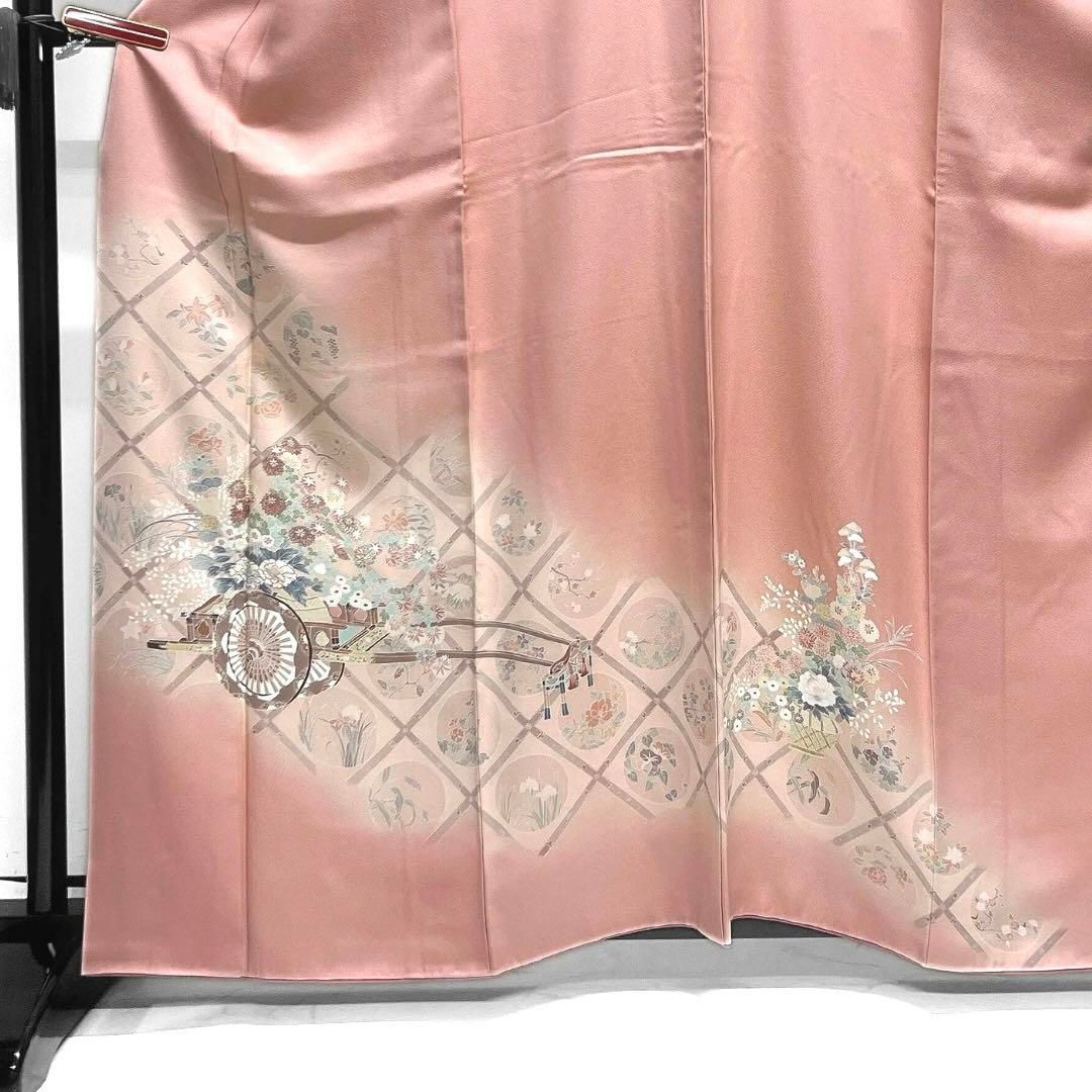 付け下げ 刺繍 花車 花紋 菱 菊 牡丹 葡萄 菖蒲 ピンク 着物 114a d 