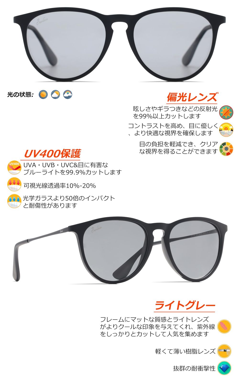 Berikin] サングラス 超軽量19g 偏光レンズ メンズ レディース UV400 UVカット 紫外線カット エリカ sunglass for  men women - メルカリ