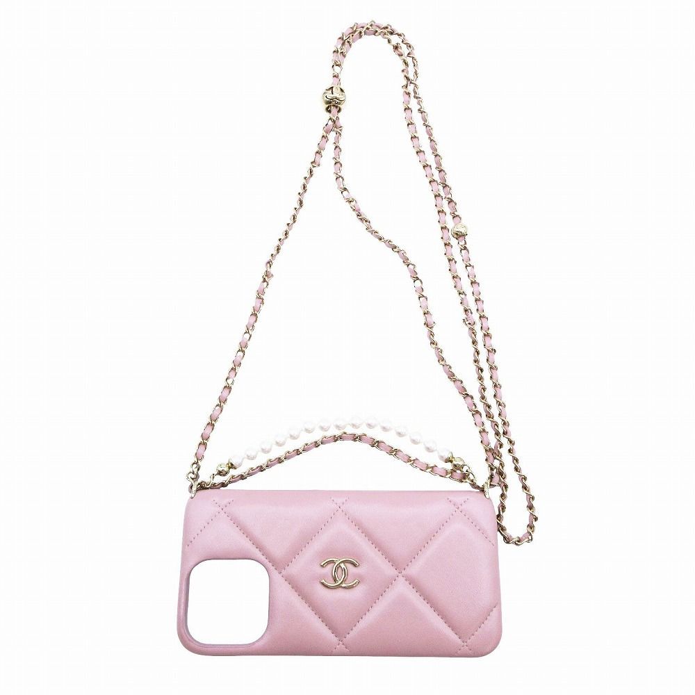 CHANEL シャネル iPhone15PRO ケース AP3866 B16097 スマホケース ラムスキン チェーンストラップ パールストラップ ピンク |TNT