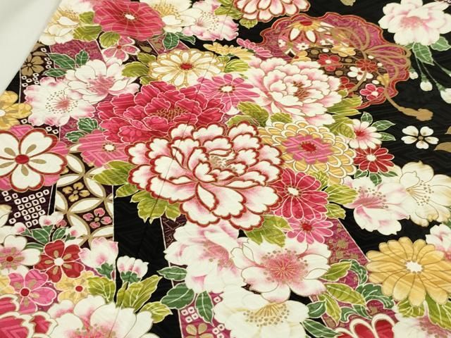 平和屋本店□極上 振袖 鬘帯吉祥花文 黒地 金彩 逸品 DZAA5741kh5