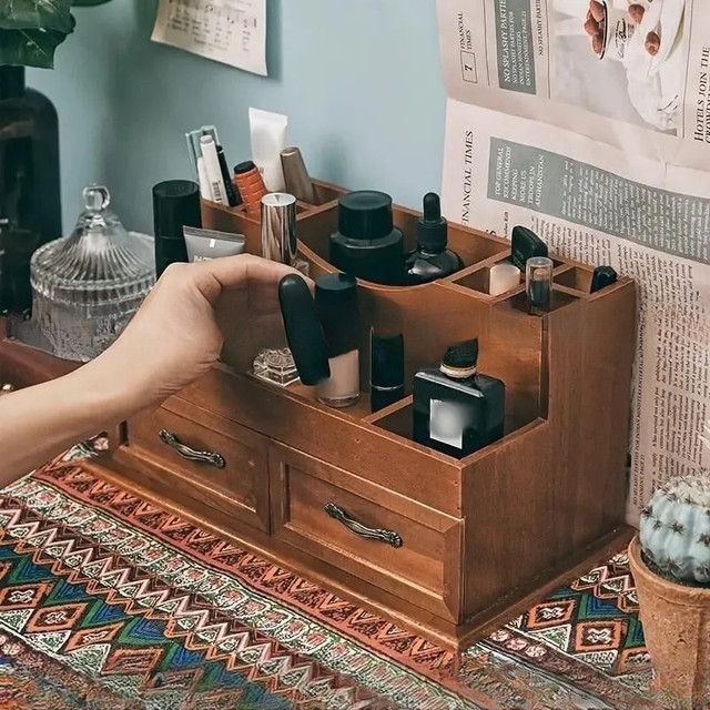 収納ケース ヴィンテージスタイル 木製 卓上 ジュエリー 化粧品 香水 メイク道具収納 大容量 小物収納 おしゃれ アンティーク カフェ風インテリア 4-7