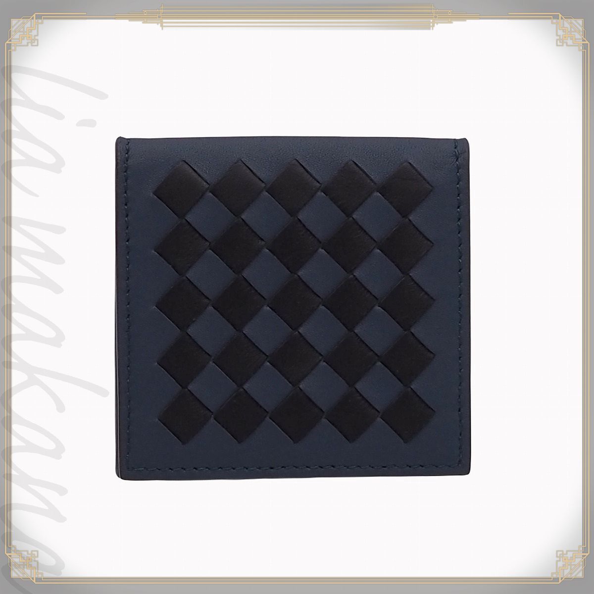 【中古】BOTTEGA VENETA ボッテガ ヴェネタ イントレチャート カーフスキン ブラック 黒 ディープブルー 折り畳み コインパース コインケース 小銭入れ 財布 ミニ財布 ブラック金具